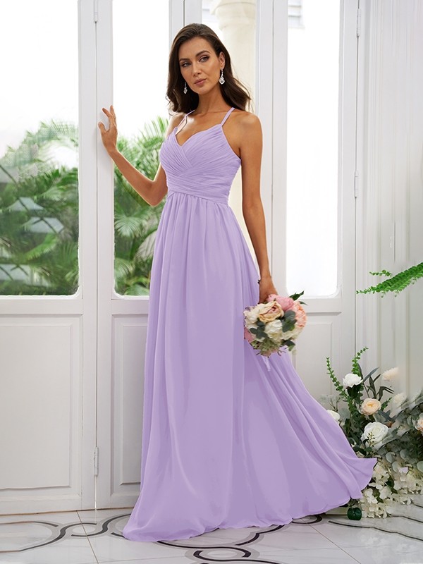 A-Line/Princess Chiffon Ruched V-neck Sleeveless Floor-Length Bridesmaid Dresses 2177