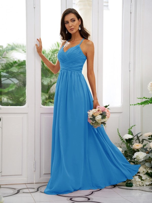 A-Line/Princess Chiffon Ruched V-neck Sleeveless Floor-Length Bridesmaid Dresses 2177