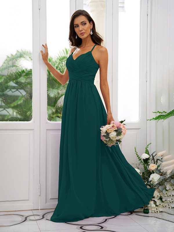 A-Line/Princess Chiffon Ruched V-neck Sleeveless Floor-Length Bridesmaid Dresses 2177