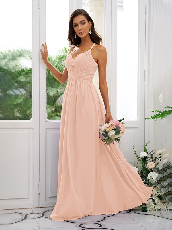 A-Line/Princess Chiffon Ruched V-neck Sleeveless Floor-Length Bridesmaid Dresses 2177