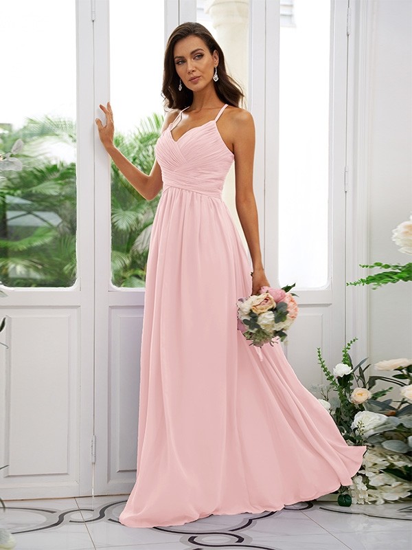 A-Line/Princess Chiffon Ruched V-neck Sleeveless Floor-Length Bridesmaid Dresses 2177