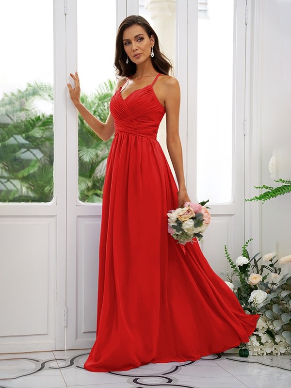 A-Line/Princess Chiffon Ruched V-neck Sleeveless Floor-Length Bridesmaid Dresses 2177