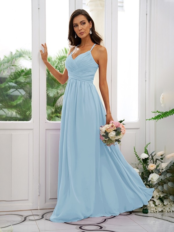 A-Line/Princess Chiffon Ruched V-neck Sleeveless Floor-Length Bridesmaid Dresses 2177