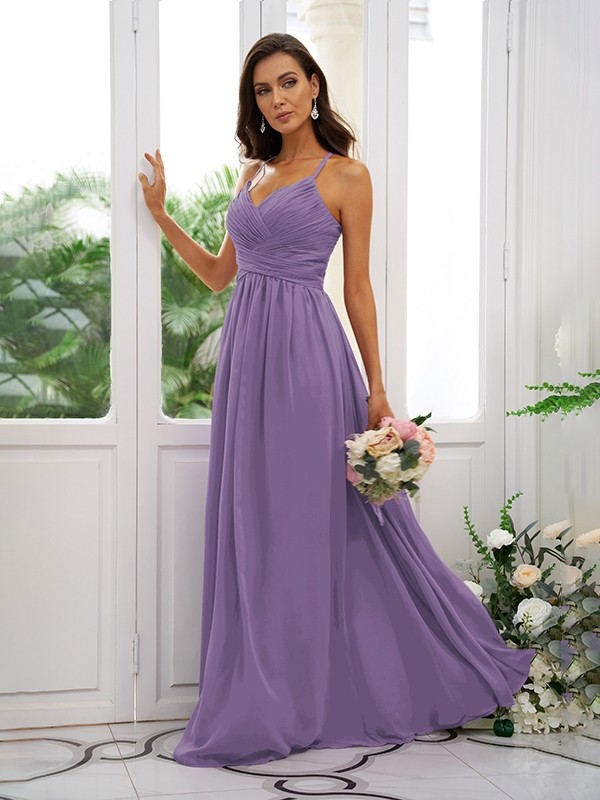 A-Line/Princess Chiffon Ruched V-neck Sleeveless Floor-Length Bridesmaid Dresses 2177