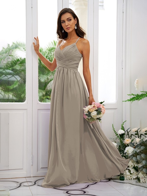 A-Line/Princess Chiffon Ruched V-neck Sleeveless Floor-Length Bridesmaid Dresses 2177