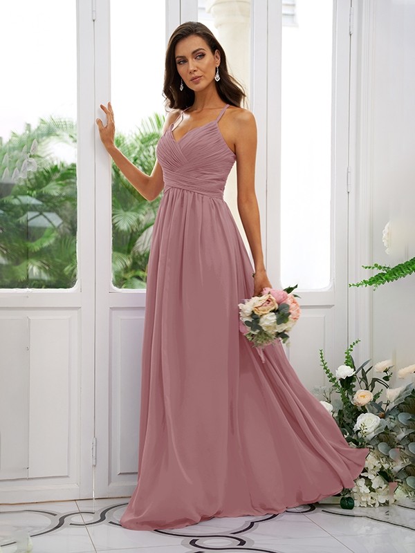 A-Line/Princess Chiffon Ruched V-neck Sleeveless Floor-Length Bridesmaid Dresses 2177