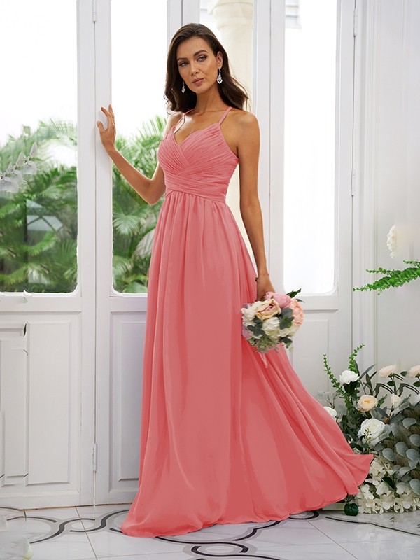 A-Line/Princess Chiffon Ruched V-neck Sleeveless Floor-Length Bridesmaid Dresses 2177