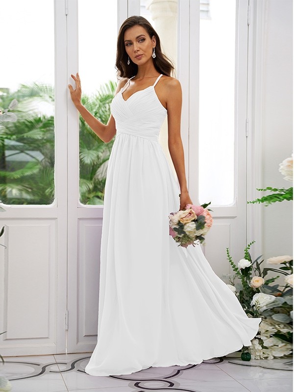 A-Line/Princess Chiffon Ruched V-neck Sleeveless Floor-Length Bridesmaid Dresses 2177