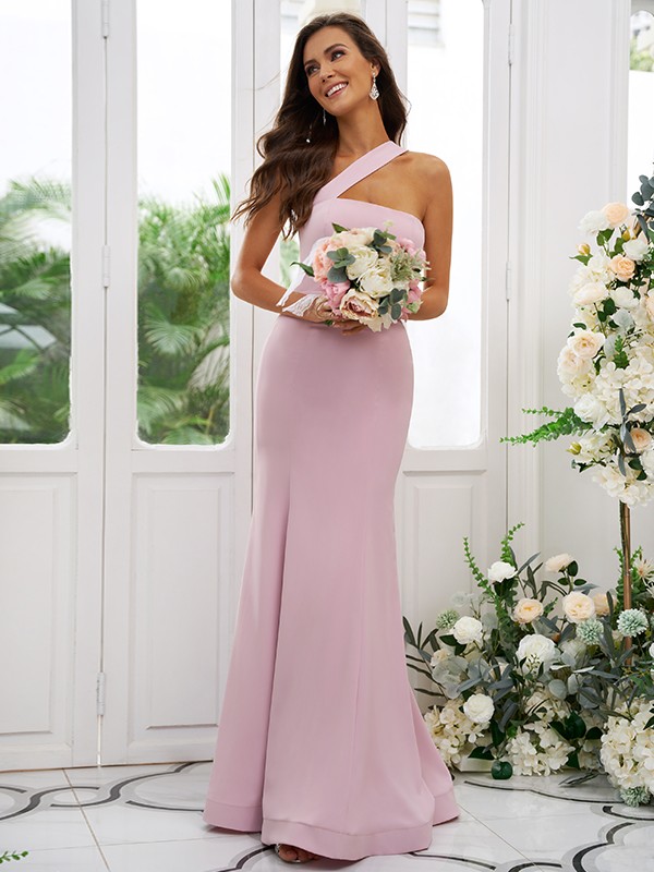 Sheath/Column Stretch Crepe Ruffles One-Shoulder Sleeveless Floor-Length Bridesmaid Dresses 3189