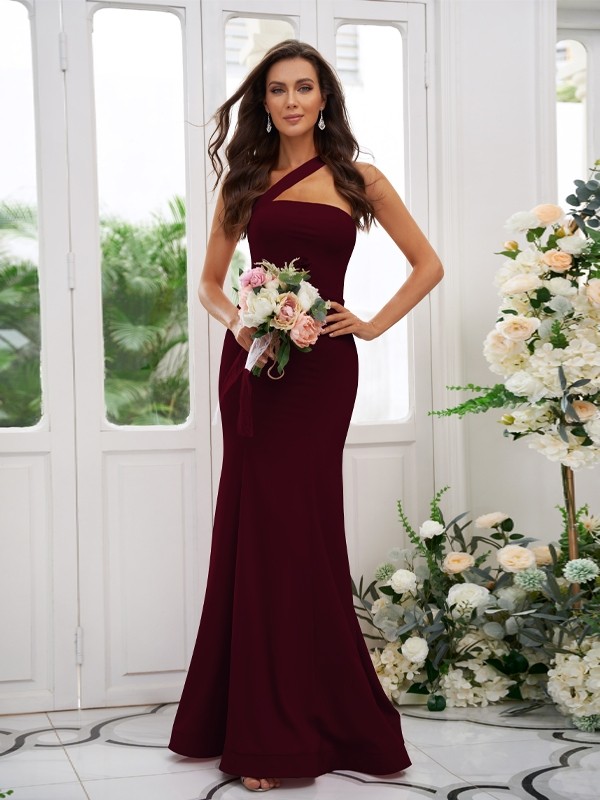 Sheath/Column Stretch Crepe Ruffles One-Shoulder Sleeveless Floor-Length Bridesmaid Dresses 3189