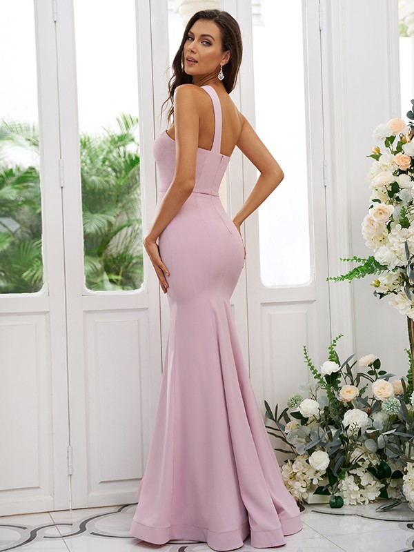 Sheath/Column Stretch Crepe Ruffles One-Shoulder Sleeveless Floor-Length Bridesmaid Dresses 3189