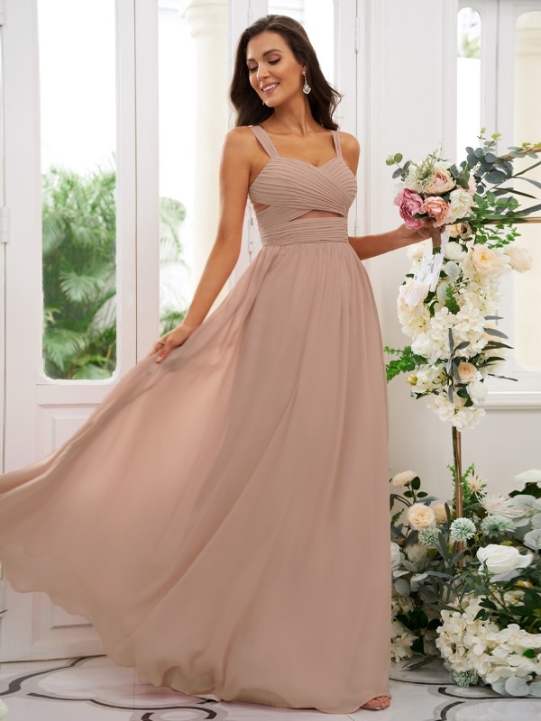 A-Line/Princess Chiffon Ruched Straps Sleeveless Floor-Length Bridesmaid Dresses 2167