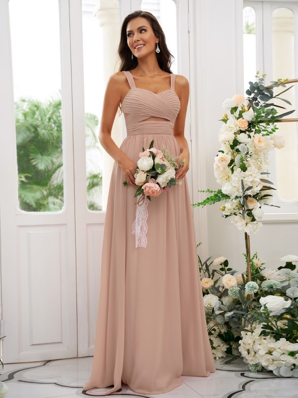 A-Line/Princess Chiffon Ruched Straps Sleeveless Floor-Length Bridesmaid Dresses 2167