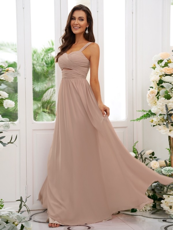 A-Line/Princess Chiffon Ruched Straps Sleeveless Floor-Length Bridesmaid Dresses 2167