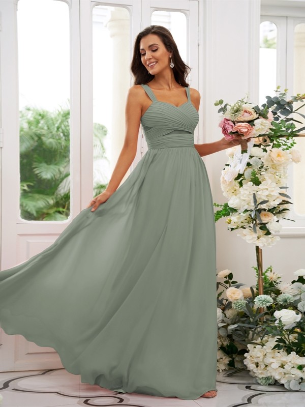 A-Line/Princess Chiffon Ruched Straps Sleeveless Floor-Length Bridesmaid Dresses 2167