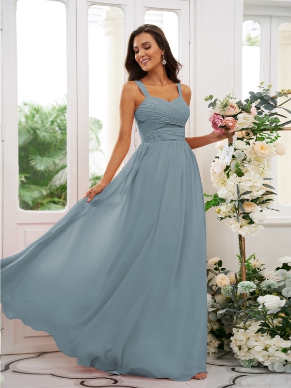 A-Line/Princess Chiffon Ruched Straps Sleeveless Floor-Length Bridesmaid Dresses 2167