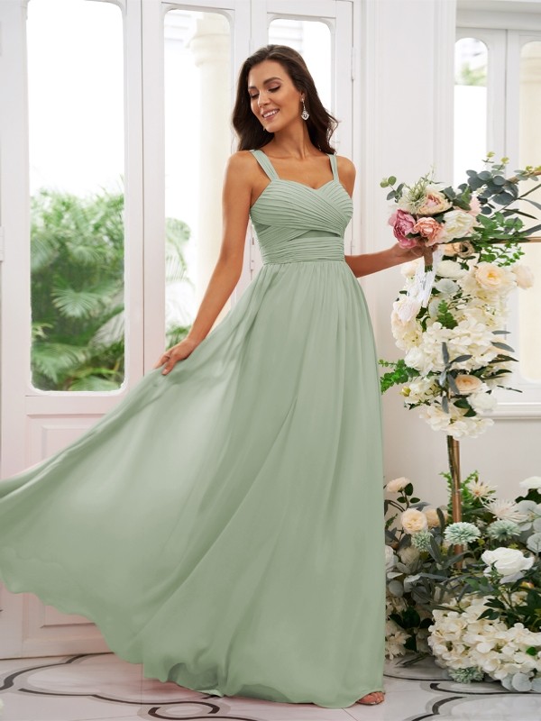 A-Line/Princess Chiffon Ruched Straps Sleeveless Floor-Length Bridesmaid Dresses 2167