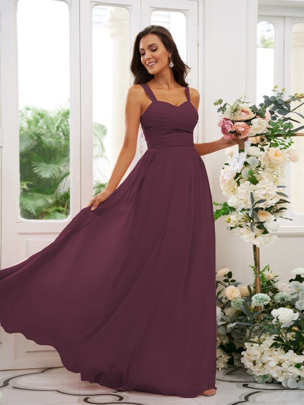 A-Line/Princess Chiffon Ruched Straps Sleeveless Floor-Length Bridesmaid Dresses 2167