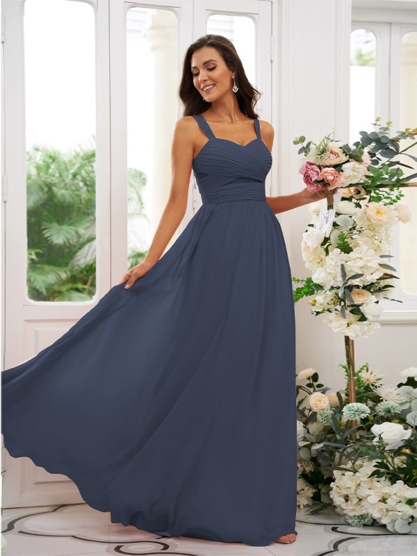 A-Line/Princess Chiffon Ruched Straps Sleeveless Floor-Length Bridesmaid Dresses 2167