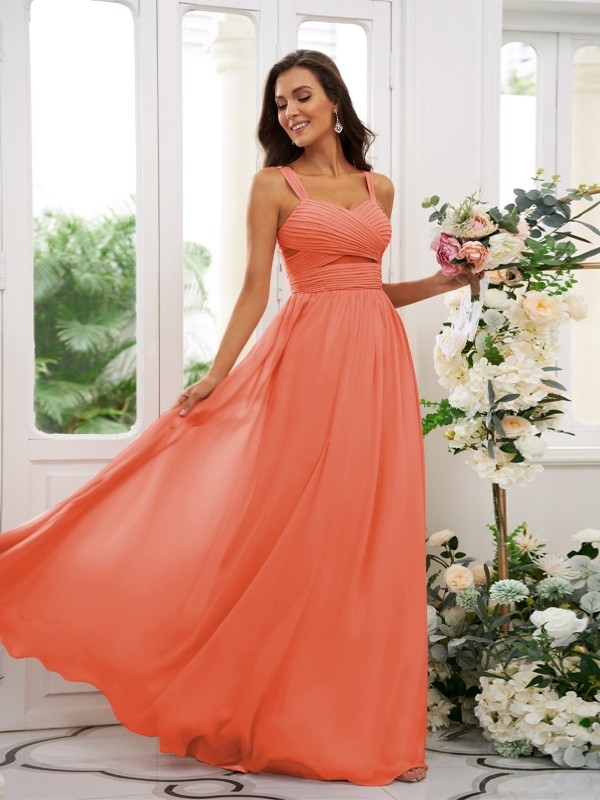 A-Line/Princess Chiffon Ruched Straps Sleeveless Floor-Length Bridesmaid Dresses 2167