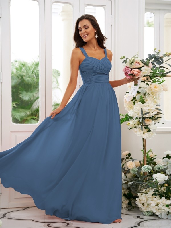 A-Line/Princess Chiffon Ruched Straps Sleeveless Floor-Length Bridesmaid Dresses 2167