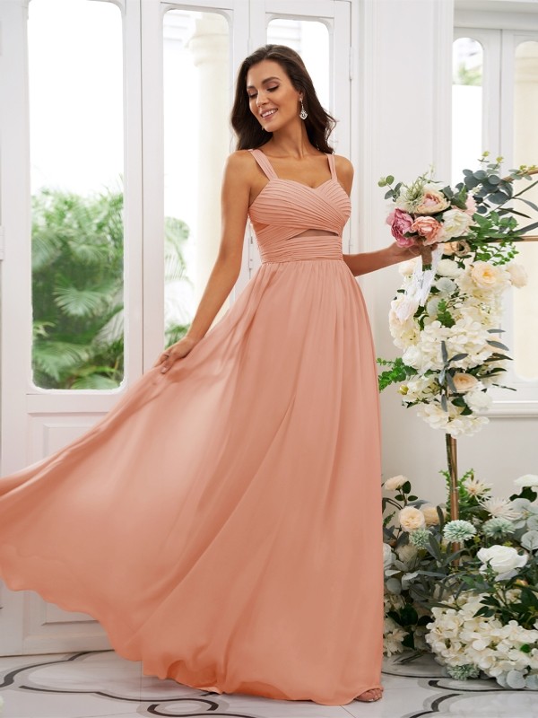 A-Line/Princess Chiffon Ruched Straps Sleeveless Floor-Length Bridesmaid Dresses 2167