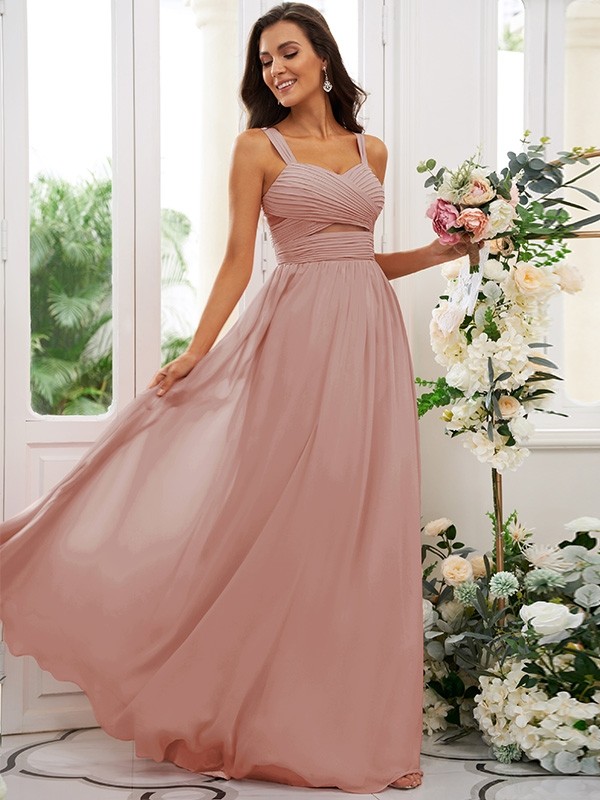 A-Line/Princess Chiffon Ruched Straps Sleeveless Floor-Length Bridesmaid Dresses 2167