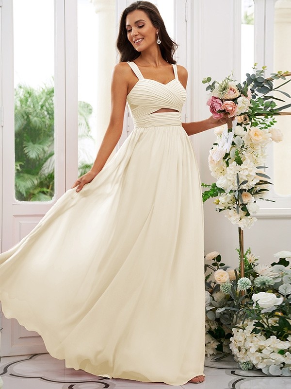 A-Line/Princess Chiffon Ruched Straps Sleeveless Floor-Length Bridesmaid Dresses 2167