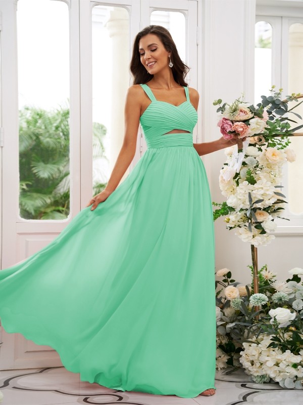 A-Line/Princess Chiffon Ruched Straps Sleeveless Floor-Length Bridesmaid Dresses 2167