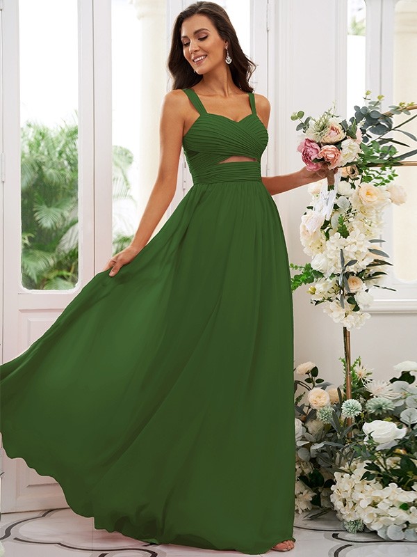 A-Line/Princess Chiffon Ruched Straps Sleeveless Floor-Length Bridesmaid Dresses 2167