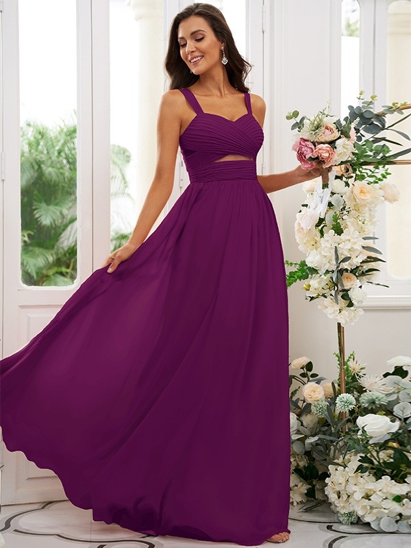 A-Line/Princess Chiffon Ruched Straps Sleeveless Floor-Length Bridesmaid Dresses 2167