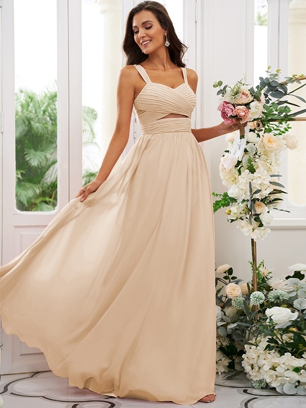 A-Line/Princess Chiffon Ruched Straps Sleeveless Floor-Length Bridesmaid Dresses 2167