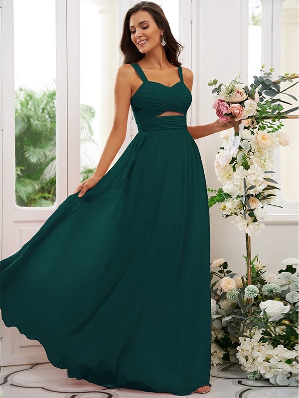 A-Line/Princess Chiffon Ruched Straps Sleeveless Floor-Length Bridesmaid Dresses 2167