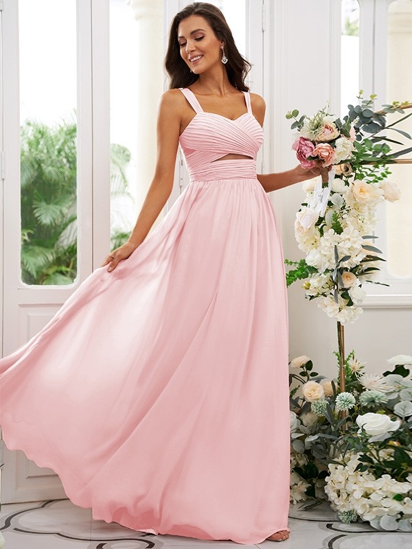 A-Line/Princess Chiffon Ruched Straps Sleeveless Floor-Length Bridesmaid Dresses 2167