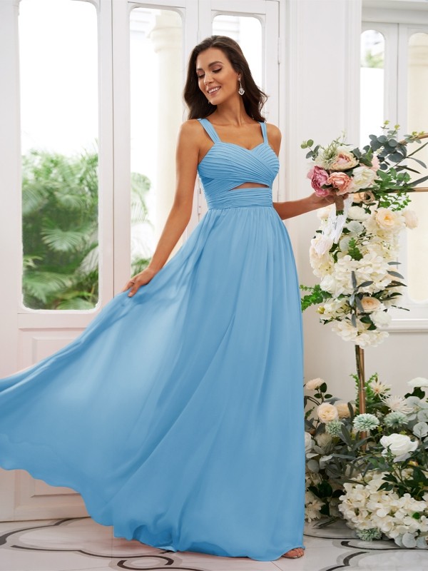 A-Line/Princess Chiffon Ruched Straps Sleeveless Floor-Length Bridesmaid Dresses 2167