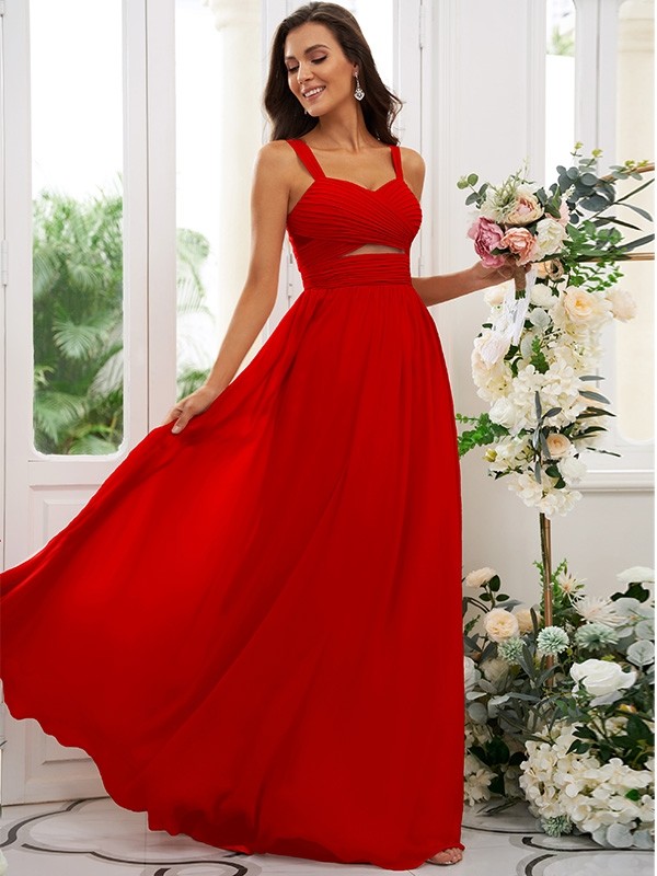 A-Line/Princess Chiffon Ruched Straps Sleeveless Floor-Length Bridesmaid Dresses 2167