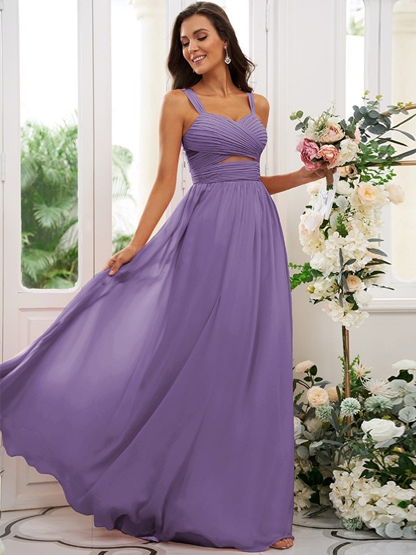 A-Line/Princess Chiffon Ruched Straps Sleeveless Floor-Length Bridesmaid Dresses 2167