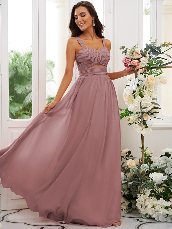 A-Line/Princess Chiffon Ruched Straps Sleeveless Floor-Length Bridesmaid Dresses 2167