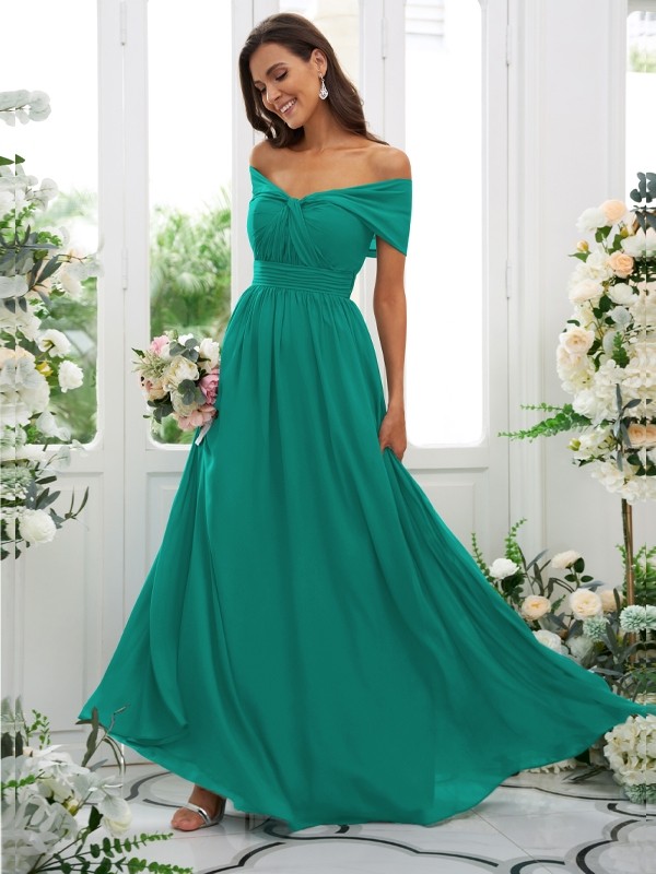 A-Line/Princess Chiffon Ruched Off-the-Shoulder Sleeveless Floor-Length Bridesmaid Dresses 2156