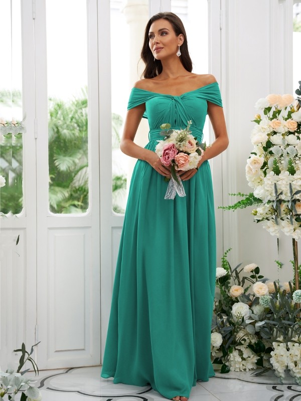 A-Line/Princess Chiffon Ruched Off-the-Shoulder Sleeveless Floor-Length Bridesmaid Dresses 2156