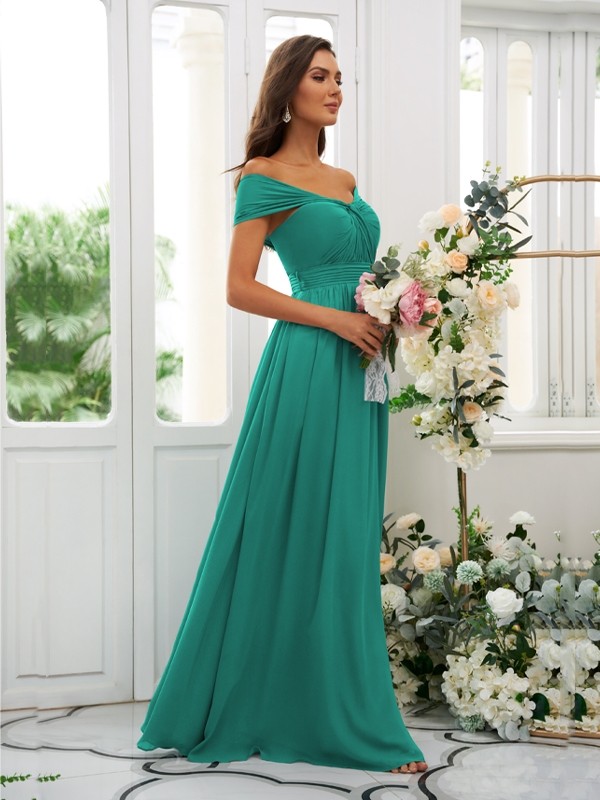 A-Line/Princess Chiffon Ruched Off-the-Shoulder Sleeveless Floor-Length Bridesmaid Dresses 2156