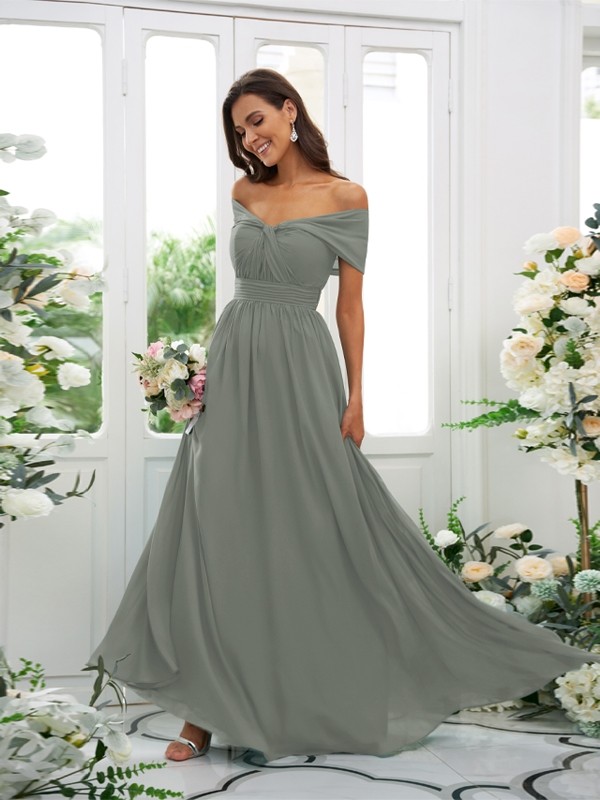 A-Line/Princess Chiffon Ruched Off-the-Shoulder Sleeveless Floor-Length Bridesmaid Dresses 2156