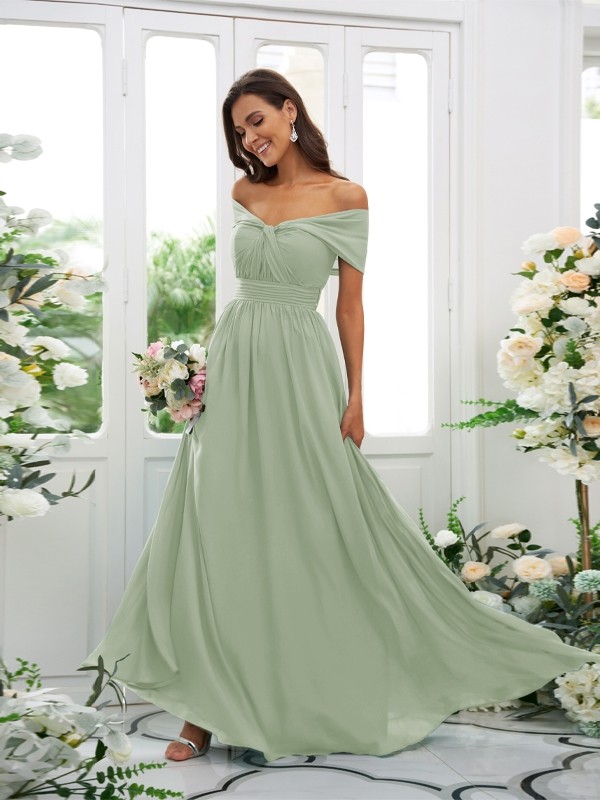 A-Line/Princess Chiffon Ruched Off-the-Shoulder Sleeveless Floor-Length Bridesmaid Dresses 2156