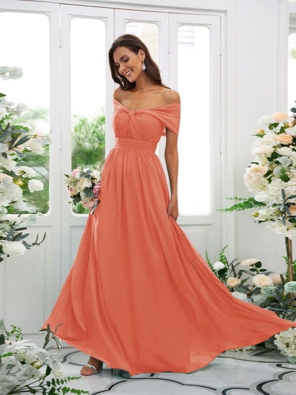 A-Line/Princess Chiffon Ruched Off-the-Shoulder Sleeveless Floor-Length Bridesmaid Dresses 2156