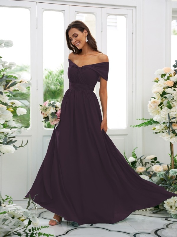 A-Line/Princess Chiffon Ruched Off-the-Shoulder Sleeveless Floor-Length Bridesmaid Dresses 2156