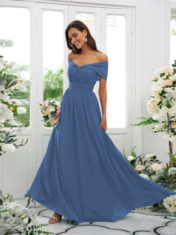 A-Line/Princess Chiffon Ruched Off-the-Shoulder Sleeveless Floor-Length Bridesmaid Dresses 2156