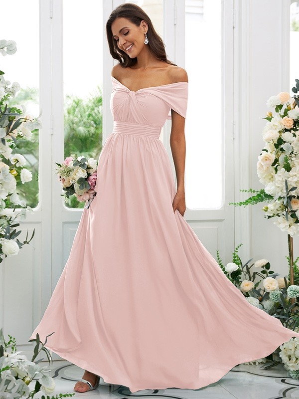 A-Line/Princess Chiffon Ruched Off-the-Shoulder Sleeveless Floor-Length Bridesmaid Dresses 2156