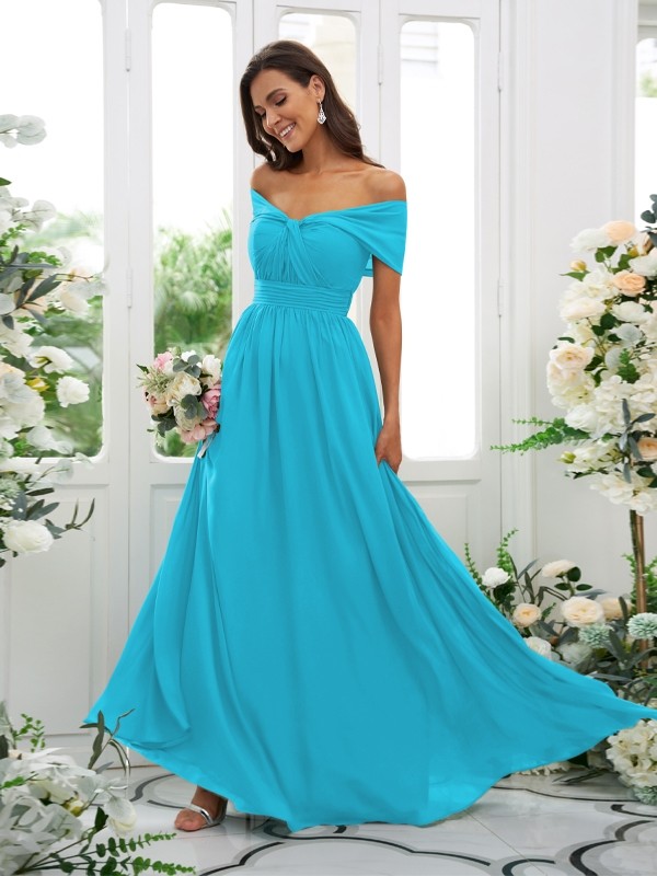 A-Line/Princess Chiffon Ruched Off-the-Shoulder Sleeveless Floor-Length Bridesmaid Dresses 2156