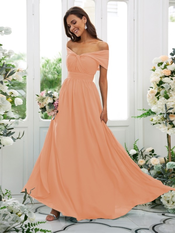 A-Line/Princess Chiffon Ruched Off-the-Shoulder Sleeveless Floor-Length Bridesmaid Dresses 2156