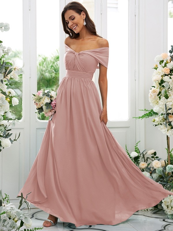 A-Line/Princess Chiffon Ruched Off-the-Shoulder Sleeveless Floor-Length Bridesmaid Dresses 2156